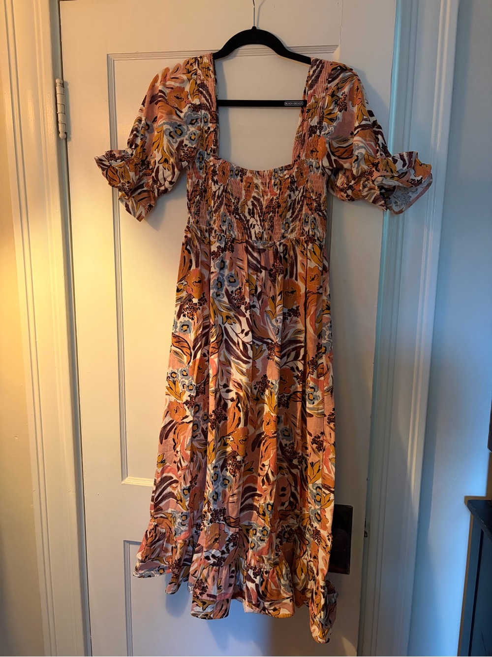 Smocked Floral Midi Dress in Peach by